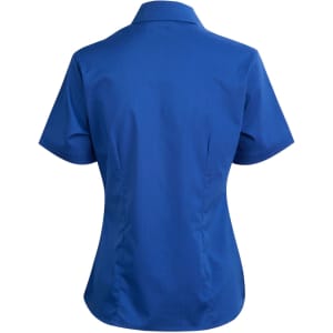 A blue short sleeve button-up shirt with a tailored fit and a collar, featuring a logo.