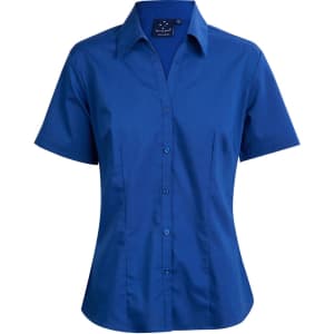 A royal blue short sleeve button-up shirt with a collar and fitted design, featuring a logo on the label.