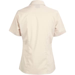 A beige short sleeve button-up shirt with a fitted design and a collar, featuring a logo on the back.