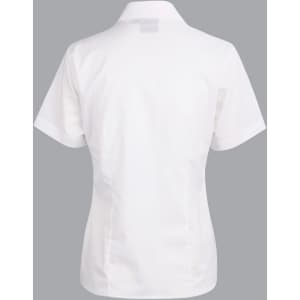 A white short sleeve button-up shirt with a fitted design and a collar, featuring a logo.