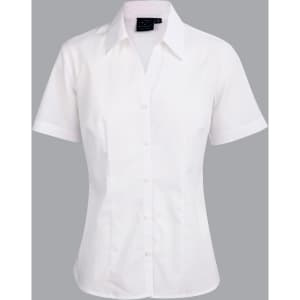 A white short sleeve button-up shirt with a fitted design and a collar, featuring a logo.