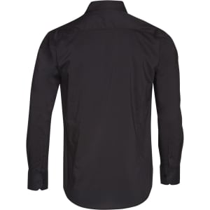 A black long sleeve button-up shirt with a smooth finish and a simple design. Features branding on the label.