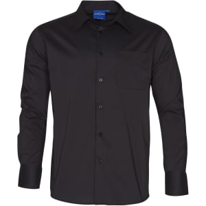 A black men's Teflon executive long sleeve button-up shirt with a single chest pocket and a logo.