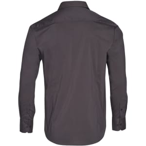 A dark grey long sleeve button-up shirt with a back yoke and cuffed sleeves, featuring a logo.