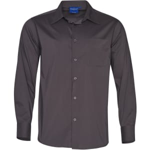 Men's long sleeve button-up shirt in dark grey with a chest pocket and a logo on the collar.