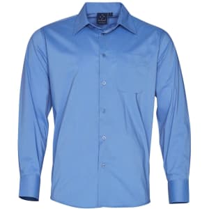 A blue button-up shirt with long sleeves and a front pocket, featuring a collar and a logo on the label.