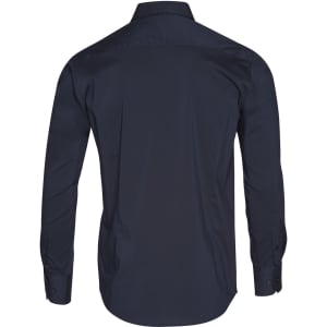 A navy blue long sleeve shirt with a button-up design and a logo on the back.