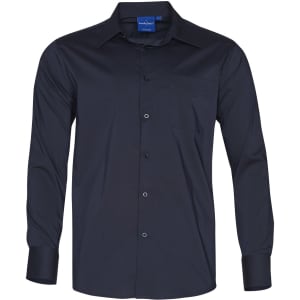 A black long sleeve button-up shirt with a single chest pocket and a logo on the collar.