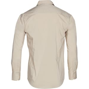 A beige long sleeve button-up shirt with a classic collar and cuffs, featuring a logo on the back.