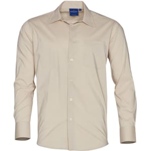A light beige long sleeve button-up shirt with a chest pocket and logo, made from Teflon fabric.