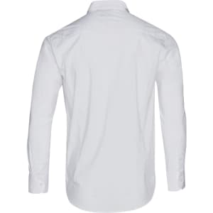 A white long sleeve button-up shirt with a smooth finish and a collar, featuring a logo.