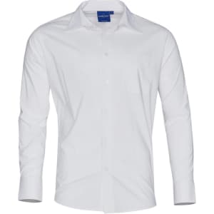 A white long sleeve button-up shirt with a pocket and an attached logo on the collar.