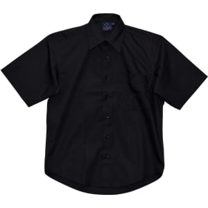 A black short sleeve button-up shirt featuring a pocket and a branded label.
