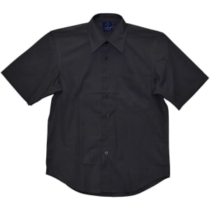 A short sleeve black button-up shirt featuring a chest pocket and a logo on the collar.