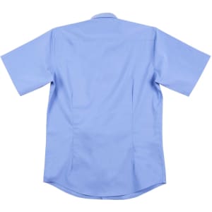 A light blue men's short sleeve button-up shirt with a back yoke and logo. Features a smooth, polished fabric.