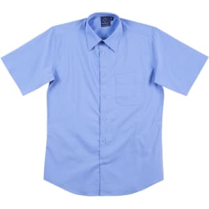 A light blue short sleeve button-up shirt with a chest pocket and a logo on the collar.