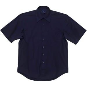 A navy button-up short sleeve shirt with a chest pocket and a logo. Features a classic collar and a relaxed fit.