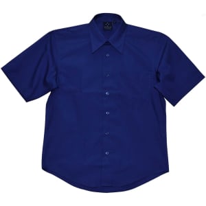 A navy short sleeve button-up shirt with a collar and one chest pocket, featuring a logo.