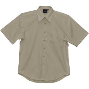 A light beige men's short sleeve button-up shirt with a chest pocket and a logo.