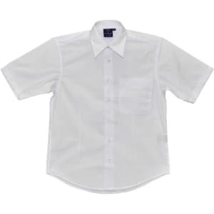 A white short sleeve button-up shirt with a chest pocket and a collar. It features a logo on the tag.