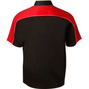 Men's button-up shirt featuring a tri-colour design in black and red with a contrasting trim. Includes a logo.