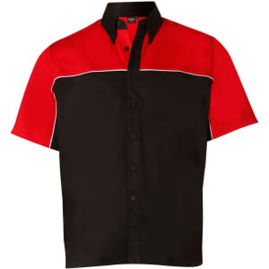 A Men’s Racer Tri-Color shirt featuring a black body with red sleeves and accents, presented in a button-up style.