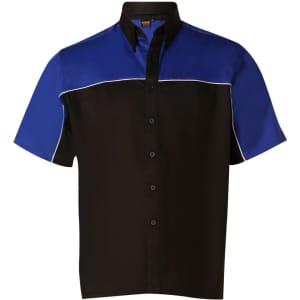 A men’s button-up shirt in black with blue tri-colour detailing and a logo on the collar.