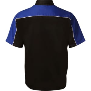 Men's button-up shirt in black with blue and white detailing; features a logo.