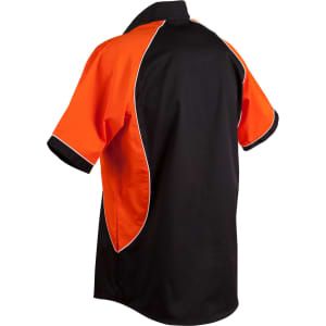 A men's button-up shirt featuring tri-colour contrast with orange and black panels, and a logo.