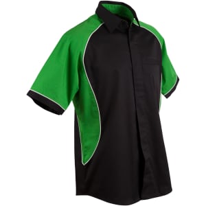 A black button-up shirt with green contrast panels and white piping. It has a pocket on the front and features a logo.