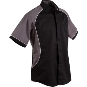 Men's tri-colour contrast button-up shirt featuring black and grey sections with white piping and a chest pocket.