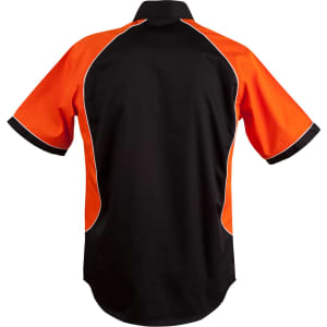 A black and orange button-up shirt featuring contrast stitching and a logo on the back. Short sleeves and a collar.
