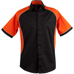 Men's short-sleeve button-up shirt in black with orange tri-colour contrast and a pocket on the front. Features a logo.