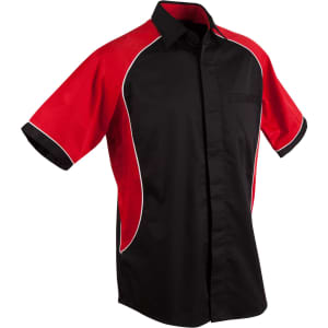 Men's tri-colour contrast button-up shirt in black with red sleeves and white accents. Features a logo on the chest.