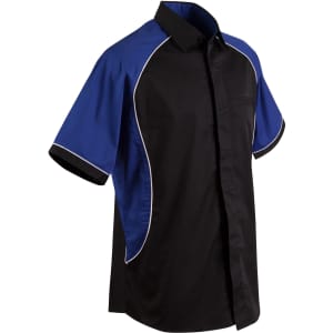 Men’s button-up shirt in black with blue contrast sleeves and white piping, featuring a logo on the chest.