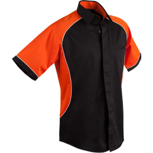 A black button-up shirt with orange contrast sleeves and white piping. It features a logo on the chest.