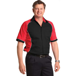 A button-up shirt featuring a tri-colour design in black, red, and white, with a logo on the chest.