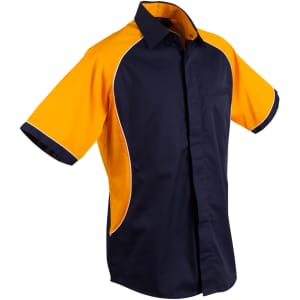 A men's button-up shirt featuring tri-colour design in navy and orange with white contrast detailing and a chest pocket.