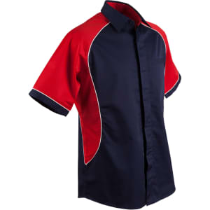 A button-up shirt featuring a navy blue base with red contrast detailing and white piping.