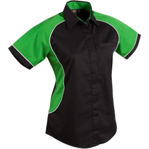 A button-up shirt in black with green contrast, featuring short sleeves and a logo.
