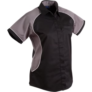 A women's button-up shirt in black and grey with contrast detailing, featuring short sleeves and a subtle logo.