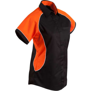 A black and orange women's button-up shirt featuring tri-colour contrast styling and a logo.
