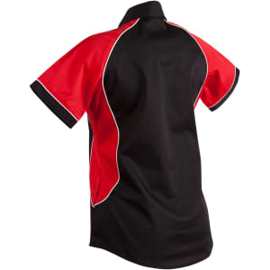 A short-sleeved button-up shirt featuring a black body with red contrast panels and a collar. It has a logo on it.