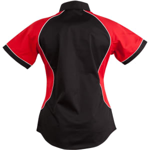 A women's button-up shirt featuring a black body and red contrast panels, with white piping details.