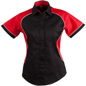 A button-up shirt in black with red contrast panels and a logo. Short sleeves and a collar design.