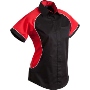 A women's button-up shirt featuring a contrast design in black and red, with a logo on it.