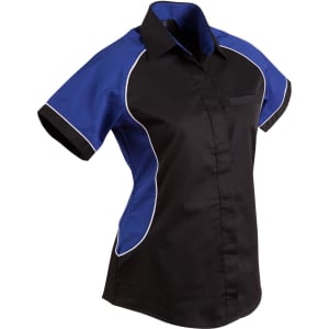 A button-up shirt featuring a tri-colour design with black, blue, and white contrasting panels. It has a pocket and logo.