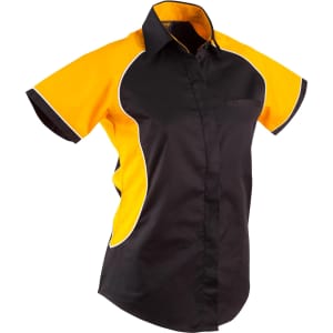 A women's button-up shirt featuring a tri-colour design with black, yellow, and white accents, and a logo.
