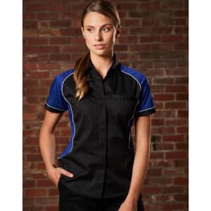 A women's button-up shirt featuring a black base with blue contrast panels and white piping, displaying a logo.