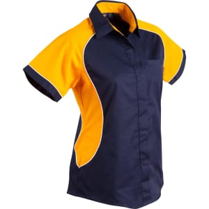 A women's button-up shirt in navy blue with bright orange contrasting panels and a logo on the chest.